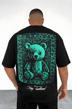 Erkek Siyah Traditional Ayıcık Teddy Bear Oversize Fit Bol Geniş Kalıp Salaş Kesim T-Shirt