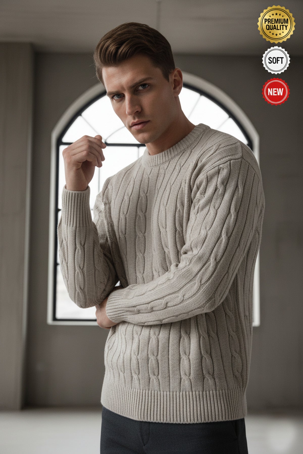 Erkek Taş Saç Örgü Kum Bej Sıfır Bisiklet Yaka Regular Triko Yün Karışım Kalın Akrilik Kazak