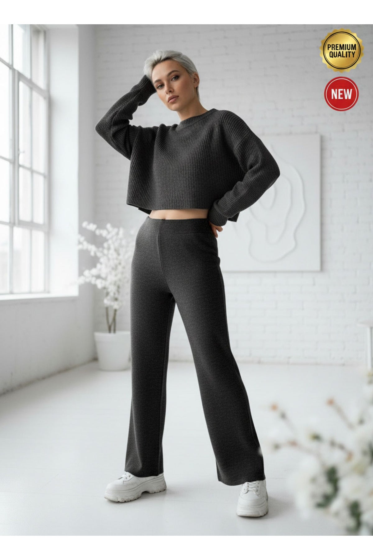 Kadın Antrasit Triko Pantolon Tek Alt S-M-L Uyumlu Esnek Tek Beden