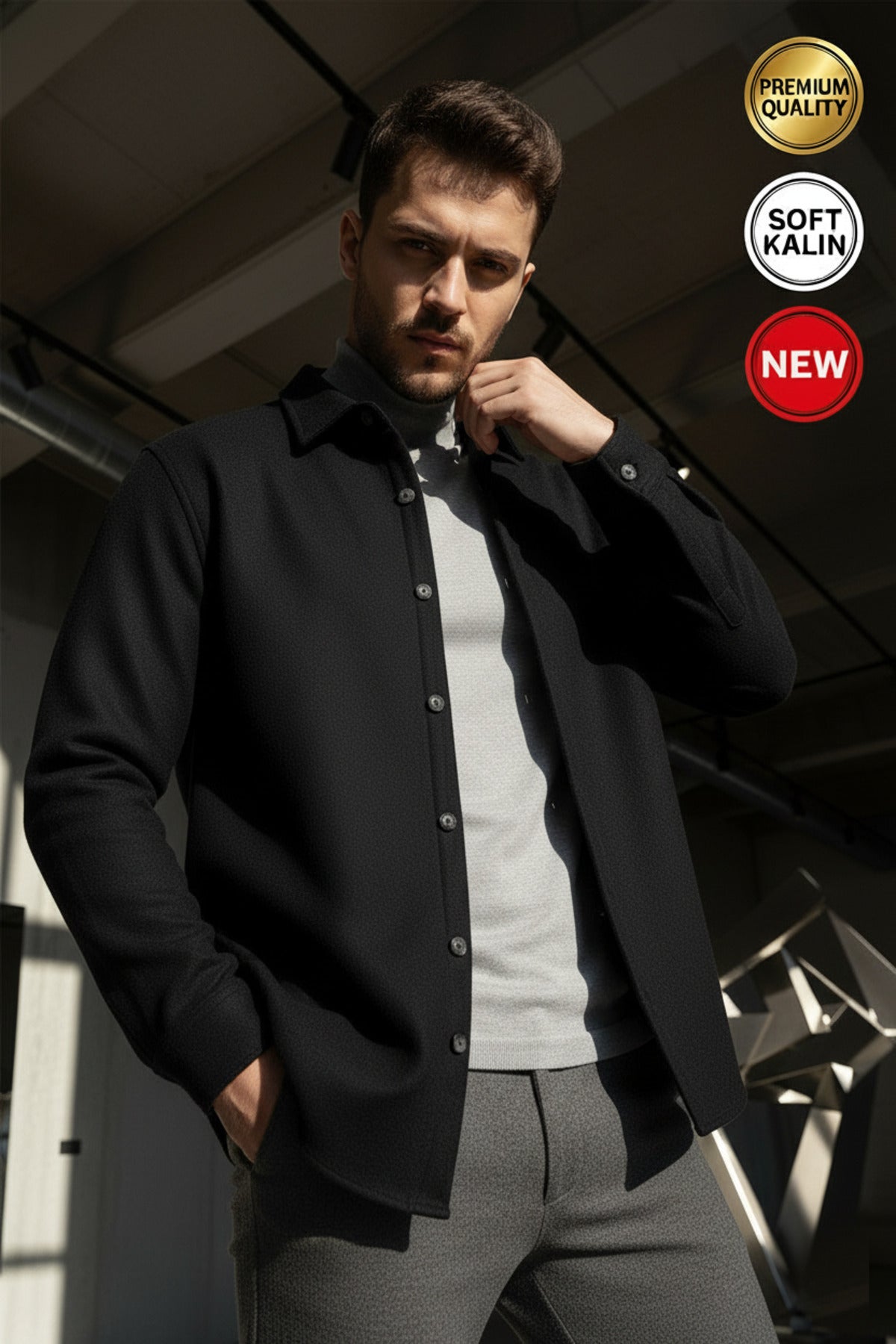 Erkek Siyah Kaşe Kalın Soft Oduncu Yumuşak Dokulu Regular Old Money Culture Gömlek Yaka Ceket Hırka