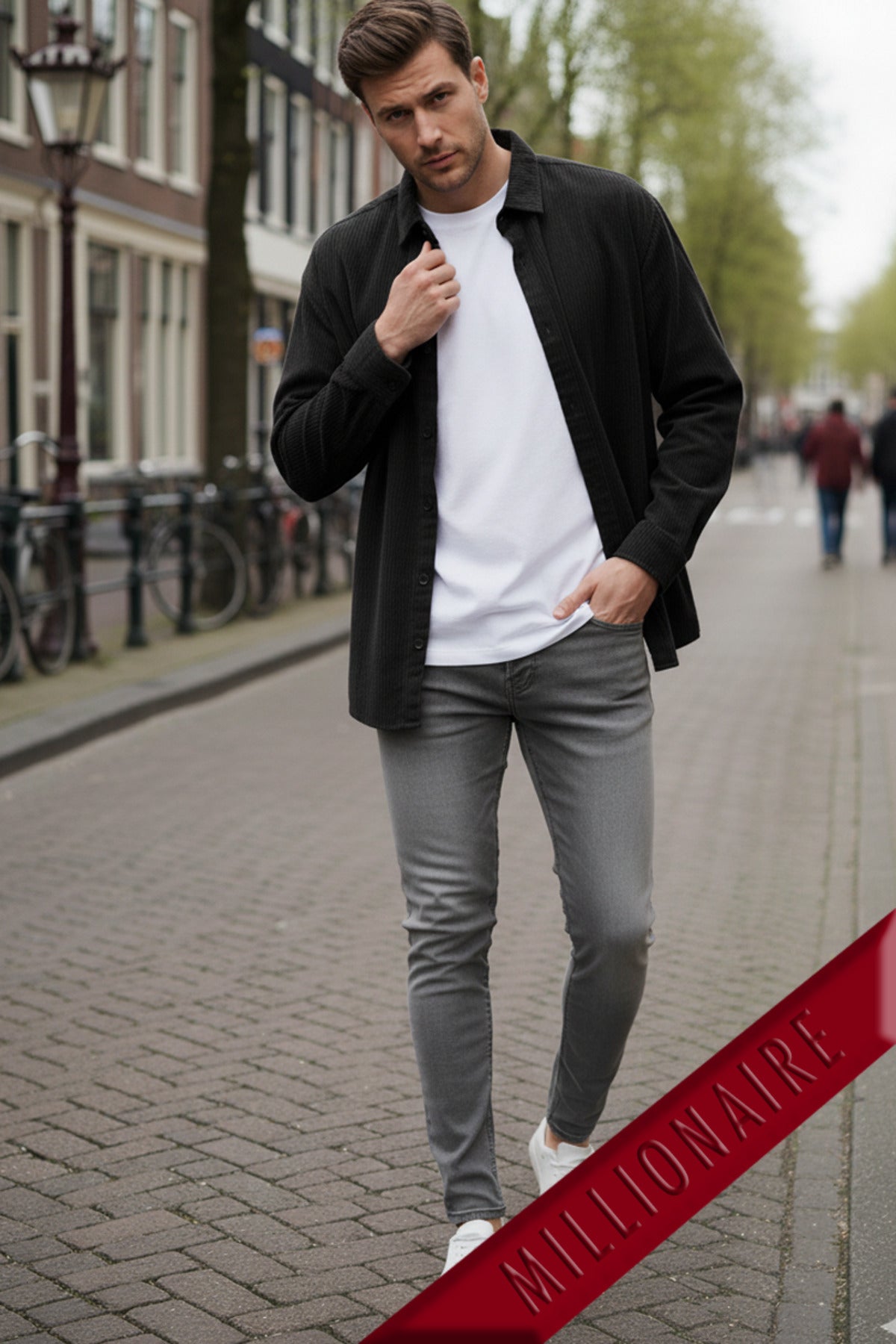 Erkek Siyah Kadife Fitilli Yumuşak Dokulu Loose Fit Oversize Düşük Omuz Gömlek