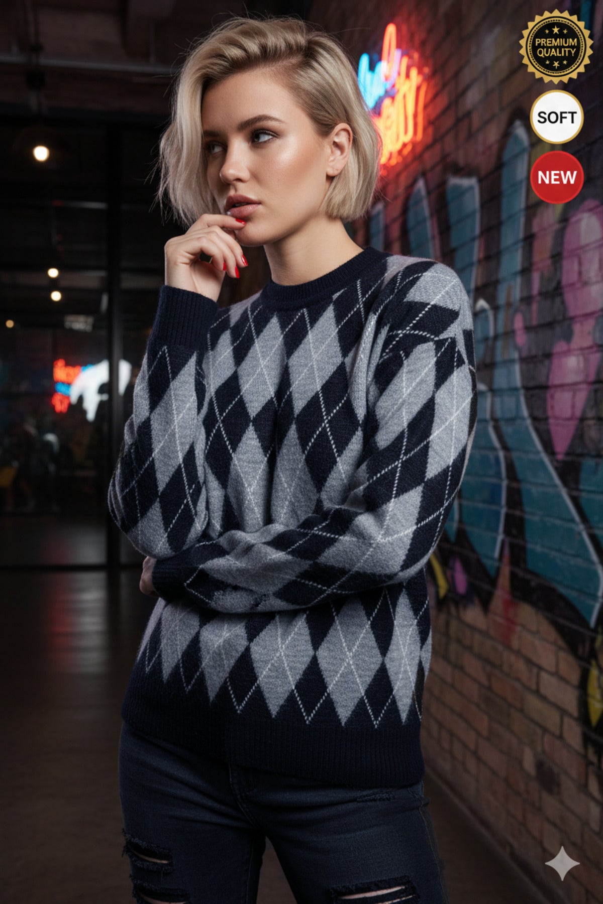 Kadın Lacivert Gri Küçük Baklava Desen Kazak XS-S-M beden Uyumlu Standart Beden Yumuşak Triko Kazak