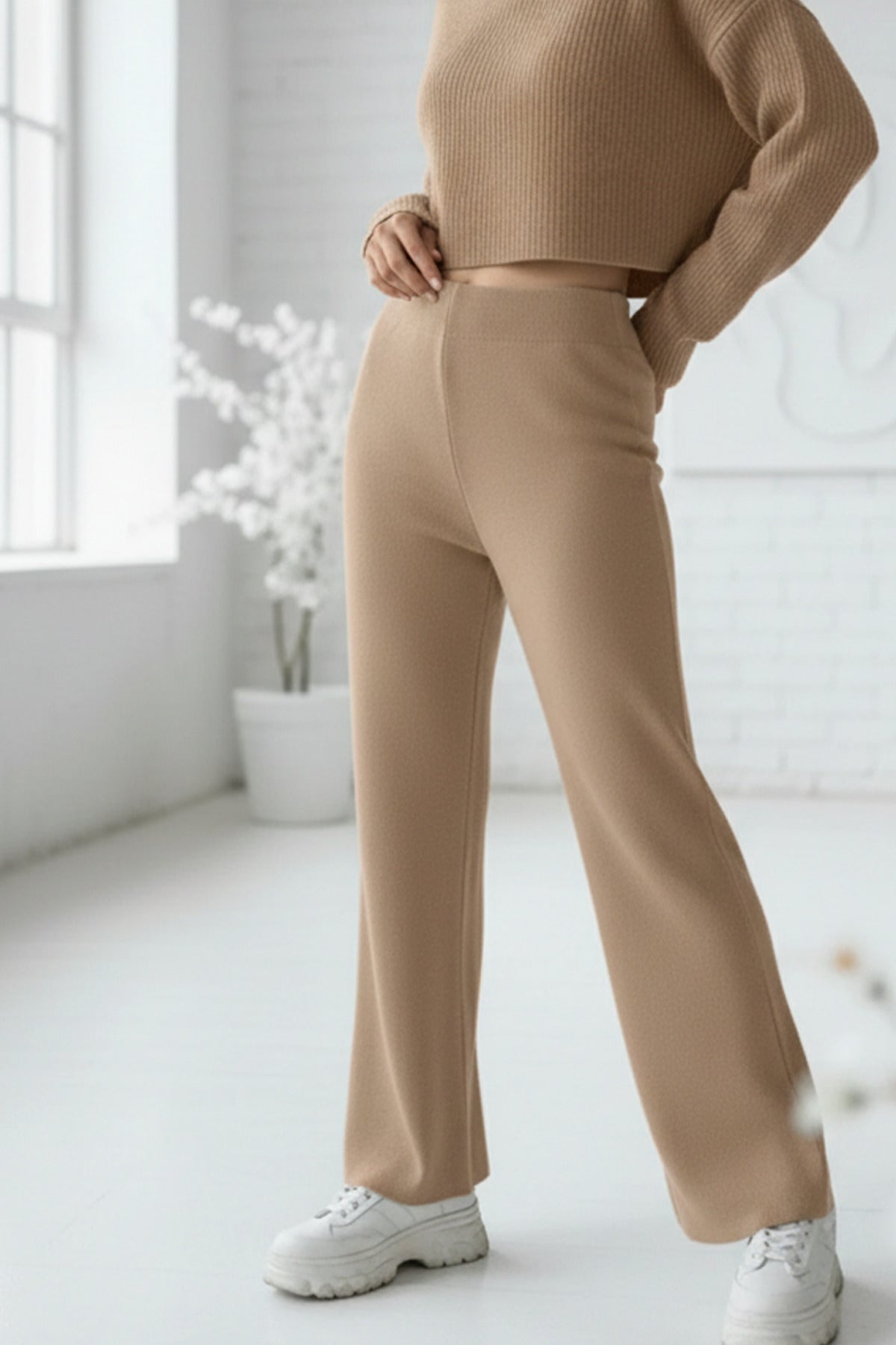 Kadın Camel Sütlü Kahve Triko Pantolon Tek Alt S-M-L Uyumlu Esnek Tek Beden