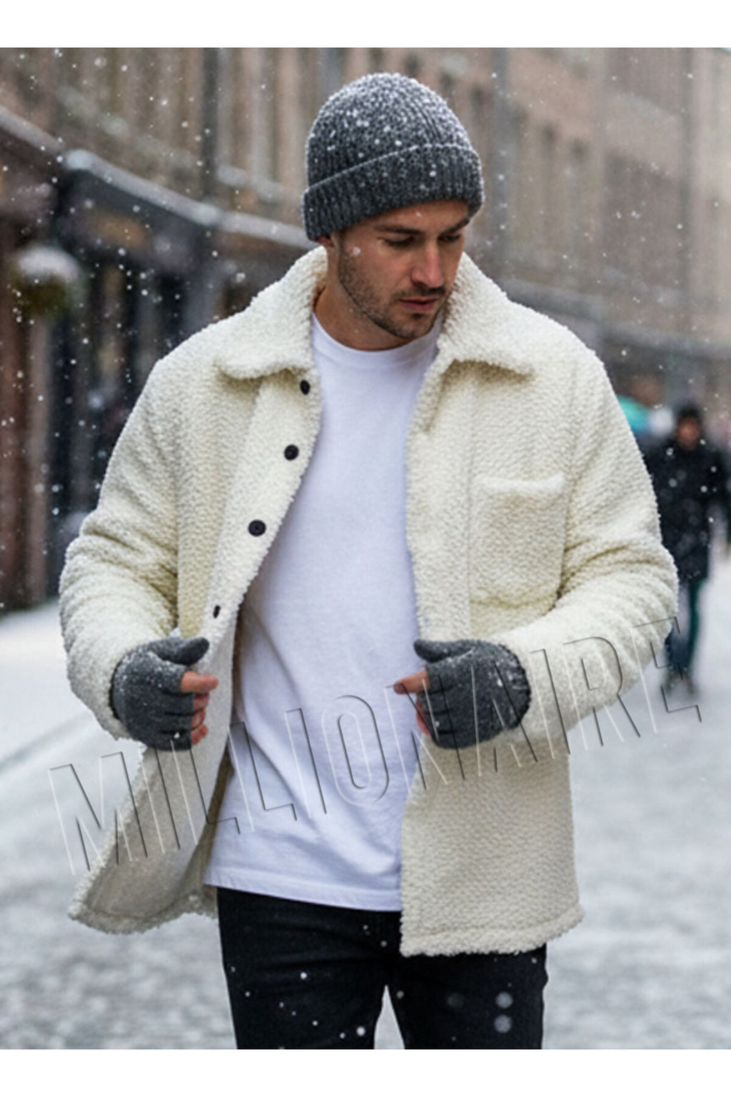 Erkek Ekru Beyaz Peluş Gömlek Yaka Modeli Düğmeli Ceket Hırka Mont Sweatshirt Polar