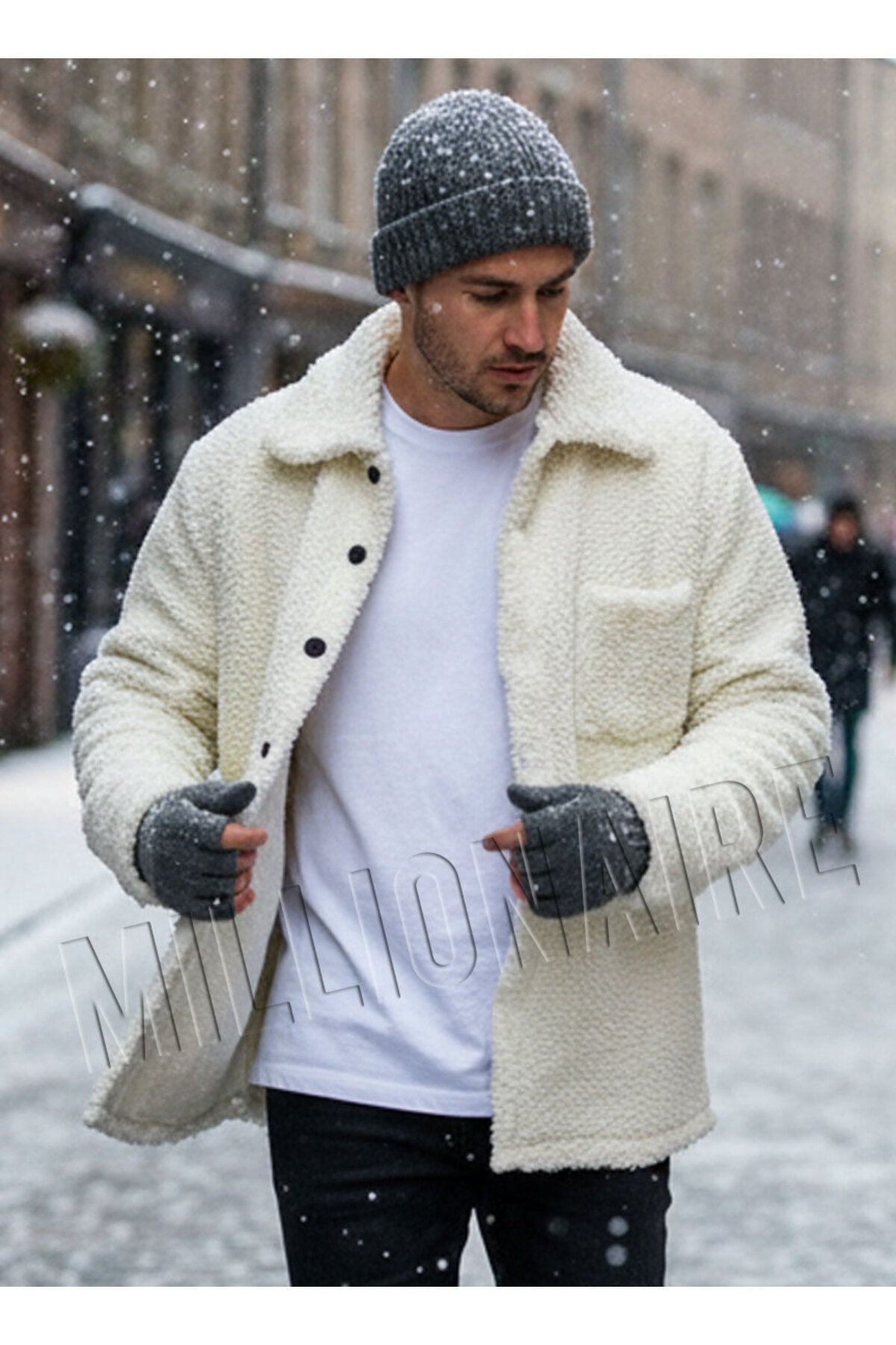 Erkek Ekru Beyaz Peluş Gömlek Yaka Modeli Düğmeli Ceket Hırka Mont Sweatshirt Polar