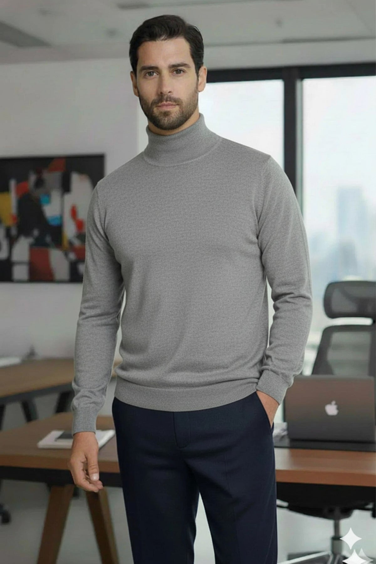 Erkek Gri Yarım Balıkçı Yaka Standart Kesim Regular Akrilik Karışımlı Triko Kazak