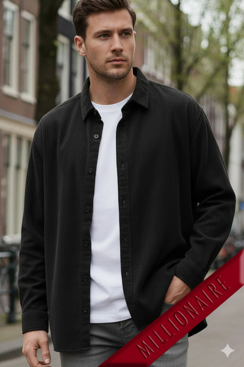 Erkek Siyah Kadife Fitilli Yumuşak Dokulu Loose Fit Oversize Düşük Omuz Gömlek