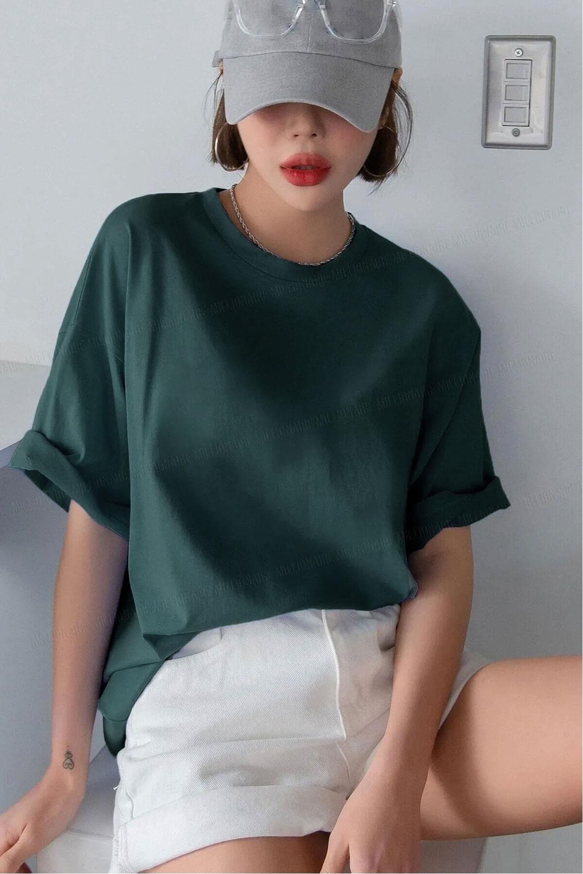 Kadın Petrol Yeşili Basic Düz Baskısız Oversize Salas T-Shirt