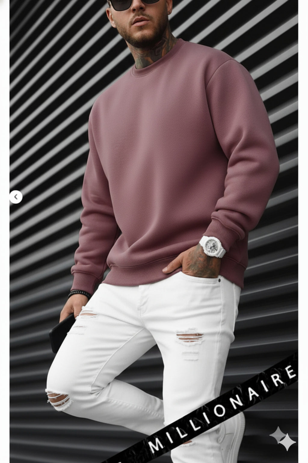 Erkek Gül Kurusu Basic 0 Sıfır Yaka Baskısız Düz Oversize Salaş Bol Kesim Polar Sweatshirt