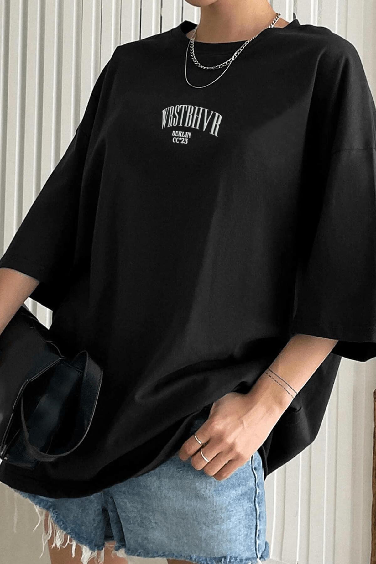 Dont Announce Siyah Oversize Salas Boyfriend Kadın T-Shirt