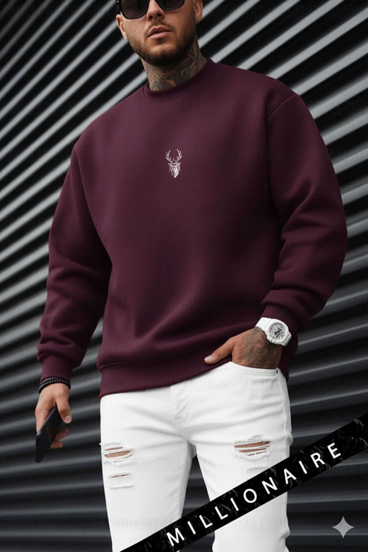 Erkek Vişne Koyu Bordo Geyik Soft 3 İplik içi Şardonlu 0 Sıfır Yaka Oversize Salaş Sweatshirt