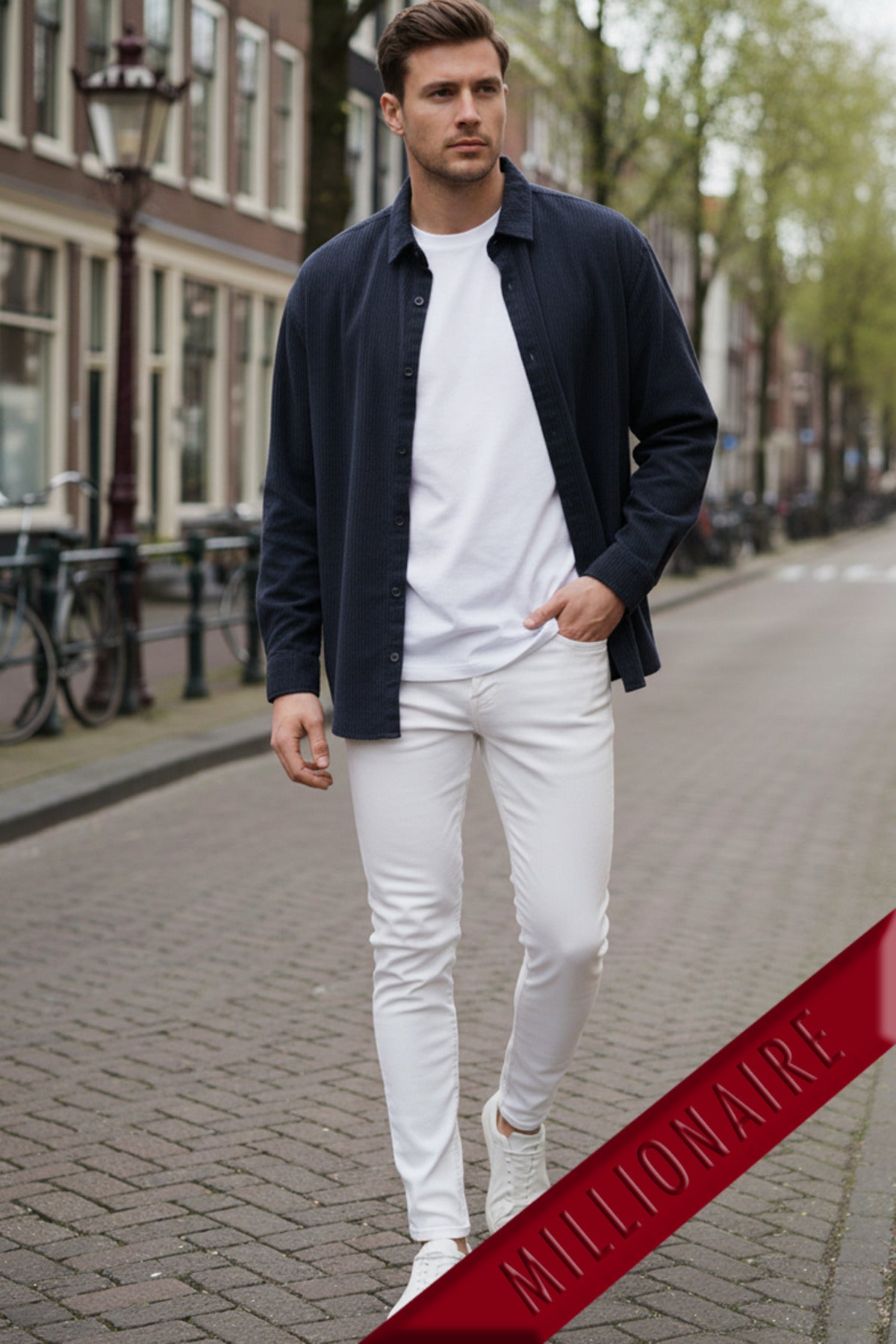 Erkek Lacivert Kadife Fitilli Yumuşak Dokulu Loose Fit Oversize Düşük Omuz Gömlek