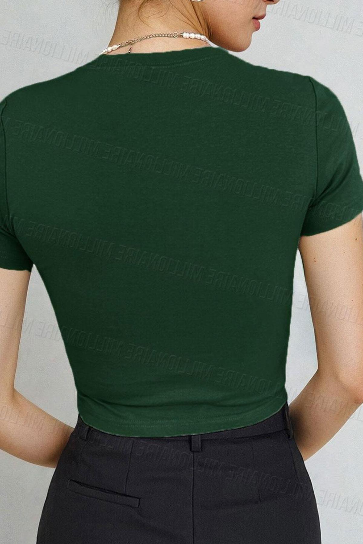 Kadın Çimen Yeşili Bisiklet Yaka Likralı Kısa Kol Body Crop Bluz