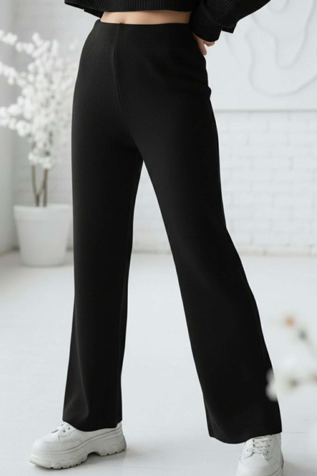 Kadın Siyah Triko Pantolon Tek Alt S-M-L Uyumlu Esnek Tek Beden