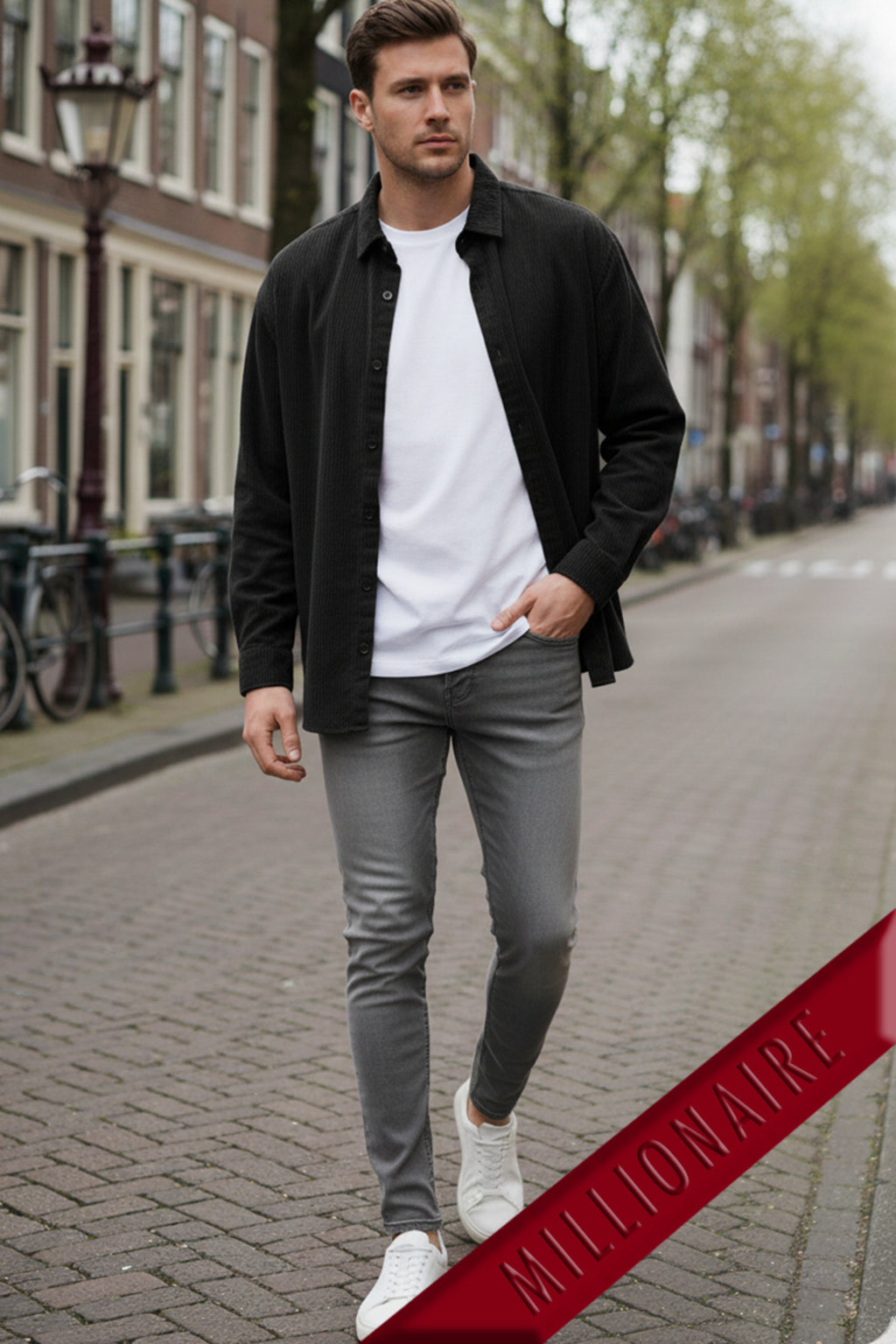 Erkek Siyah Kadife Fitilli Yumuşak Dokulu Loose Fit Oversize Düşük Omuz Gömlek