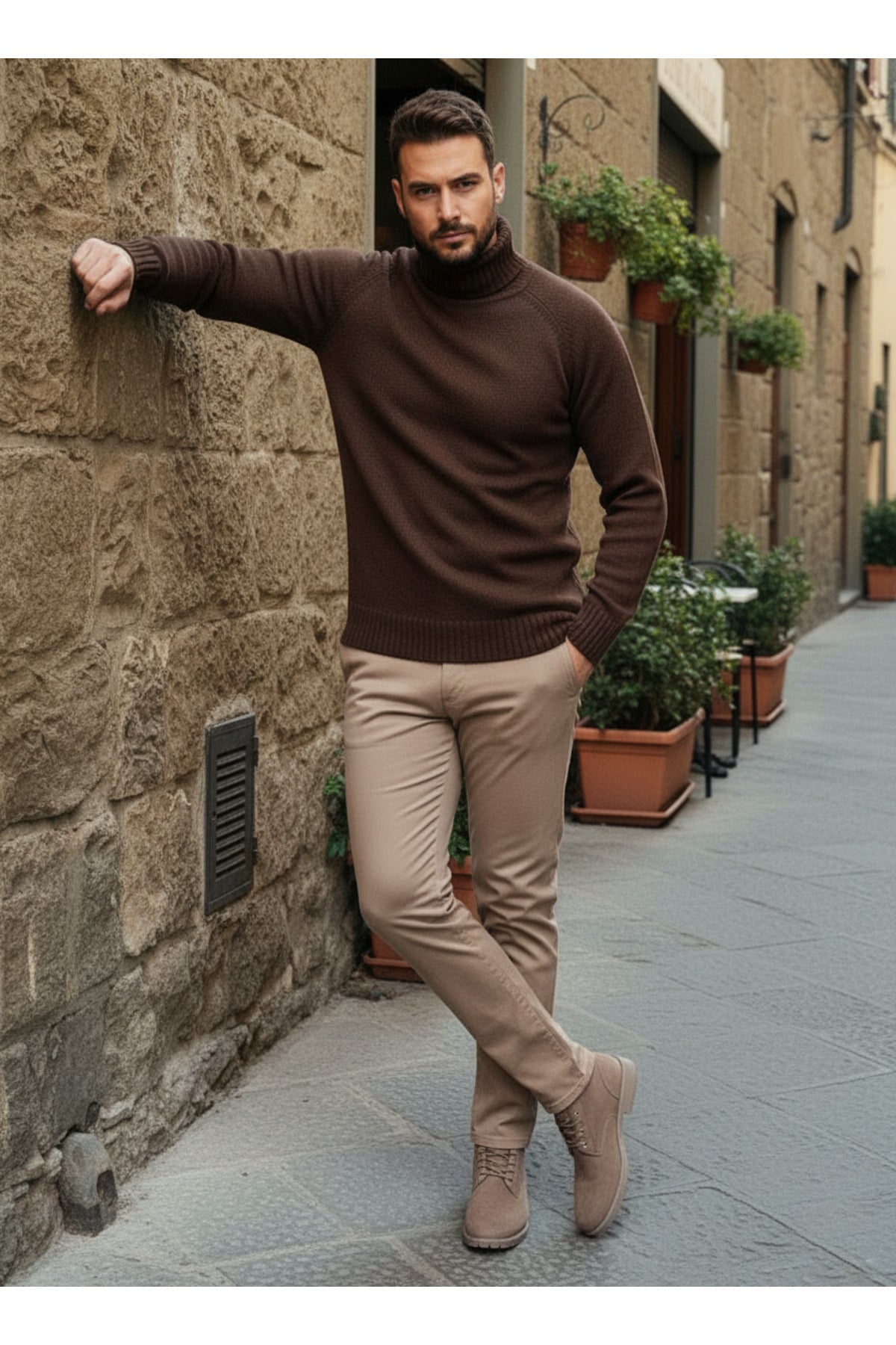 Erkek Kahverengi Italyan Reglan Kol Detaylı Kalın Balıkçı Yaka Boğazlı Regular %100Pamuk Triko Kazak