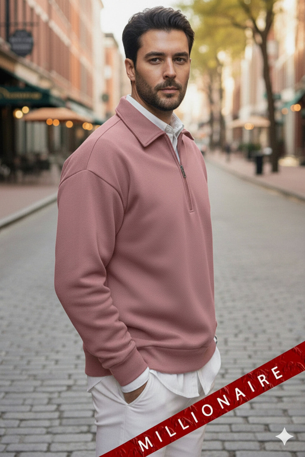 Erkek Gül Kurusu Yarım Fermuar Polo Yaka 3 İplik İçi Polarlı Şardonlu Oversize Sweatshirt