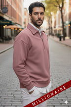 Erkek Gül Kurusu Yarım Fermuar Polo Yaka 3 İplik İçi Polarlı Şardonlu Oversize Sweatshirt