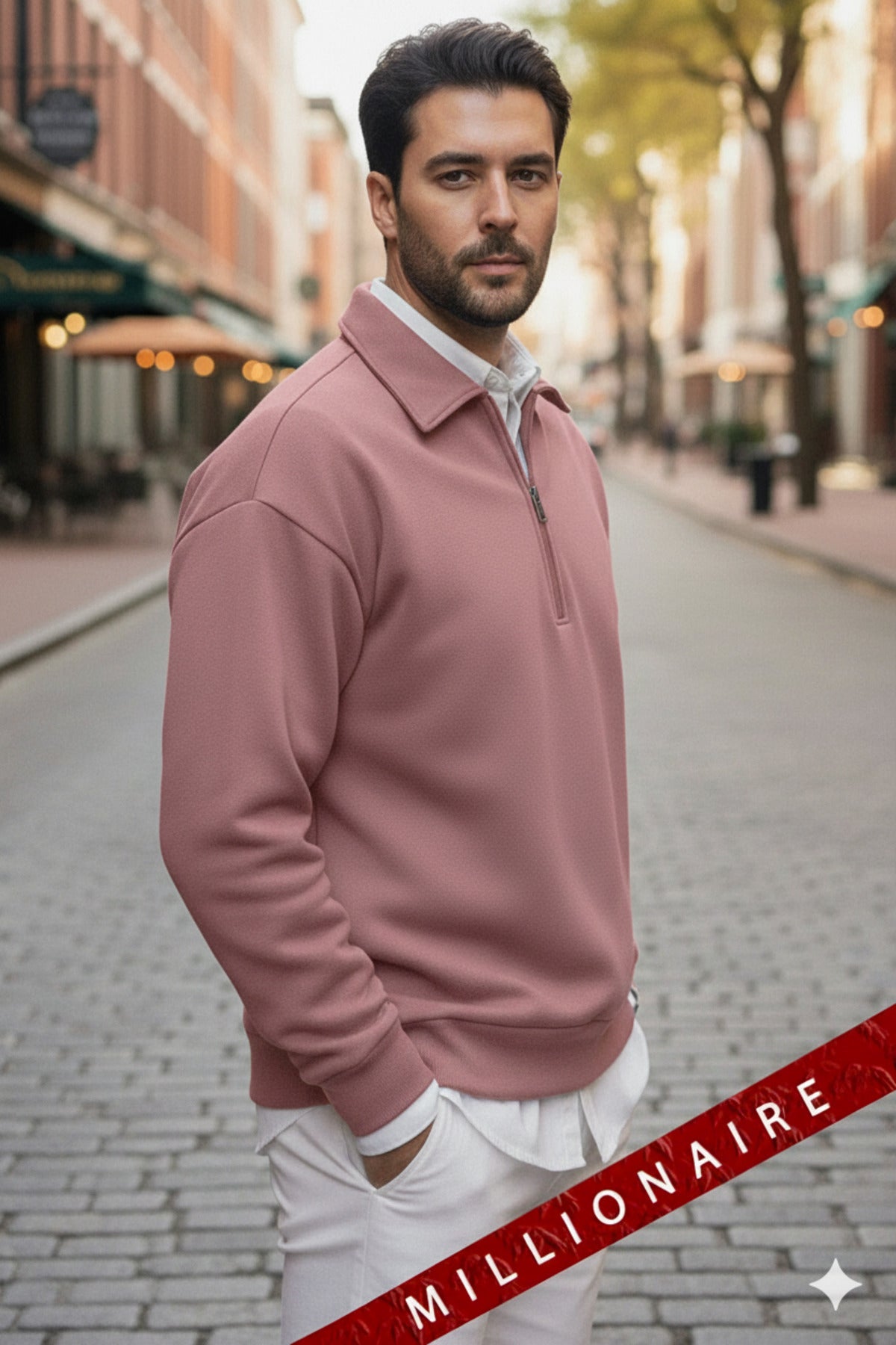 Erkek Gül Kurusu Yarım Fermuar Polo Yaka 3 İplik İçi Polarlı Şardonlu Oversize Sweatshirt