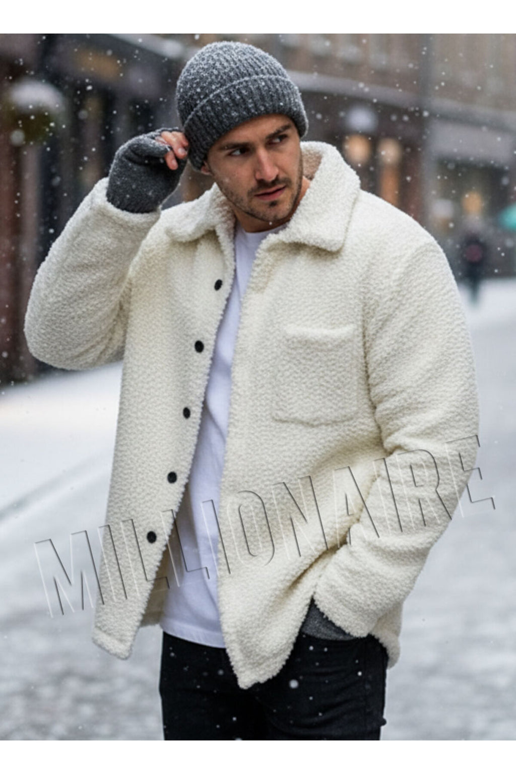 Erkek Ekru Beyaz Peluş Gömlek Yaka Modeli Düğmeli Ceket Hırka Mont Sweatshirt Polar