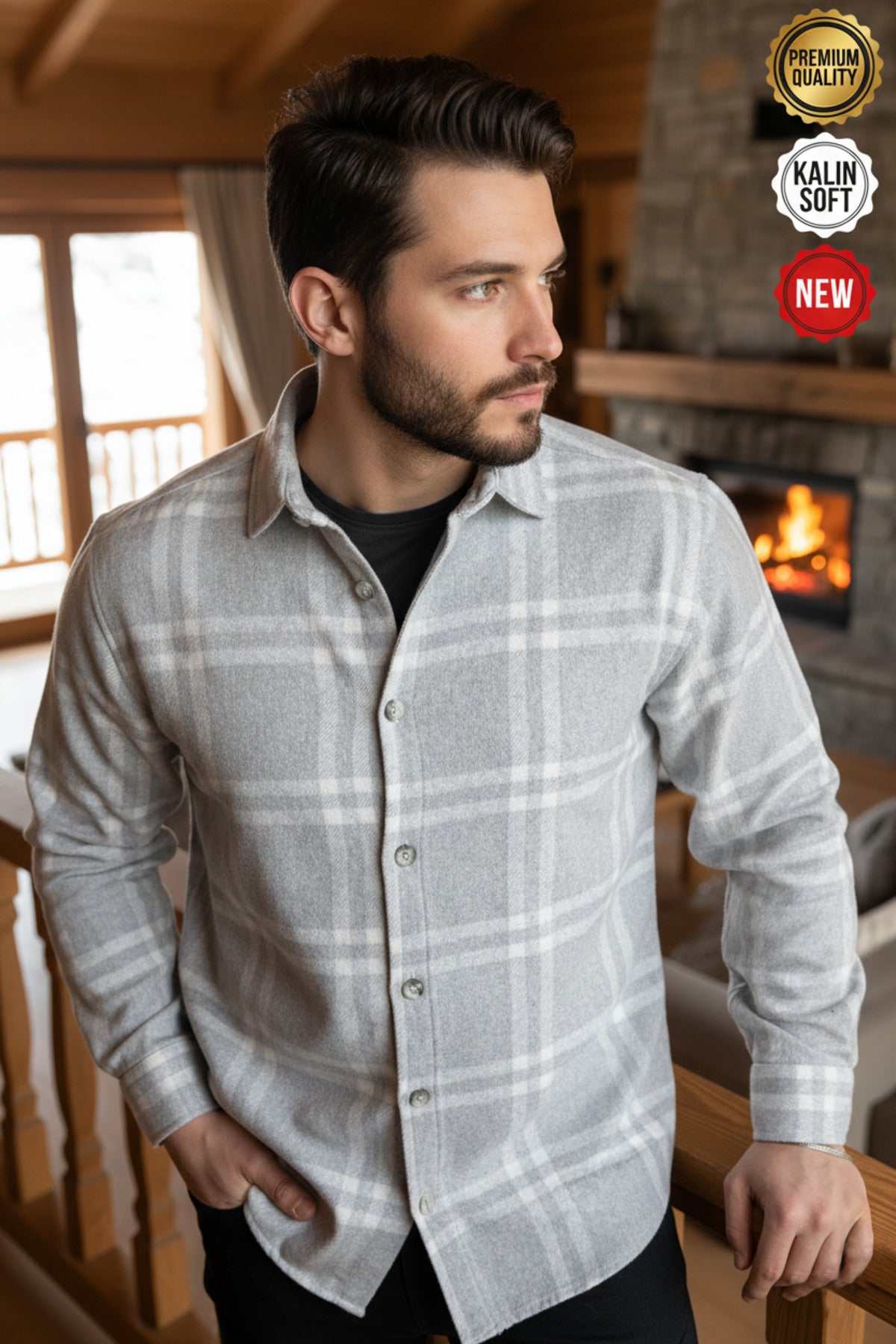 Erkek Gri ve Beyaz 2 çizgi Oduncu Kalın Yumuşak Dokulu Regular Old Money Culture Gömlek