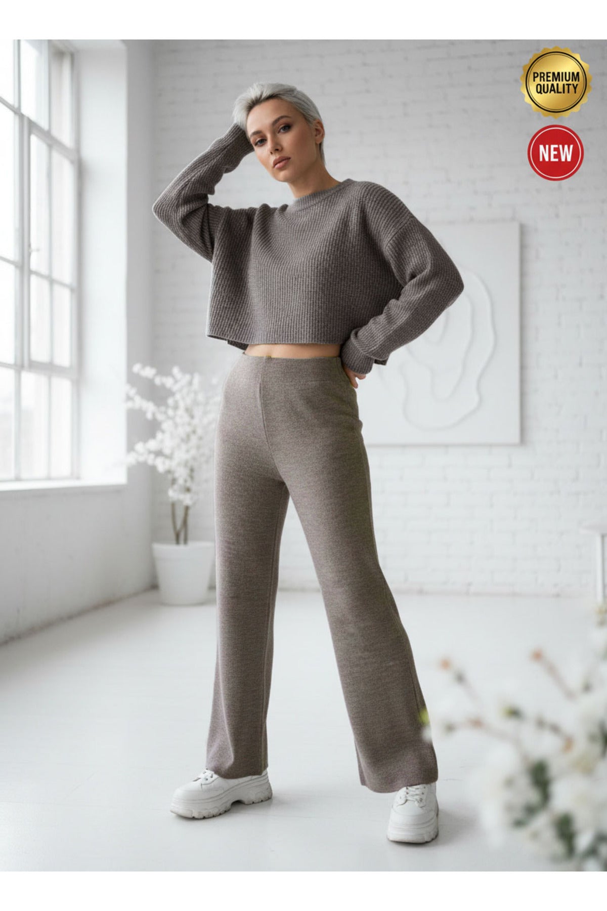 Kadın Açık Vizon Triko Pantolon Tek Alt S-M-L Uyumlu Esnek Tek Beden