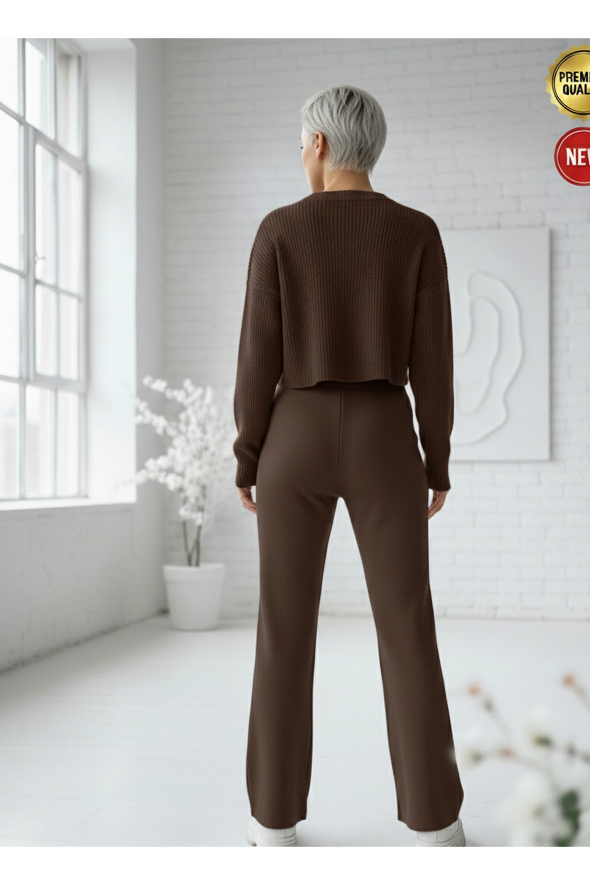 Kadın Kahverengi Triko Pantolon Tek Alt S-M-L Uyumlu Esnek Tek Beden