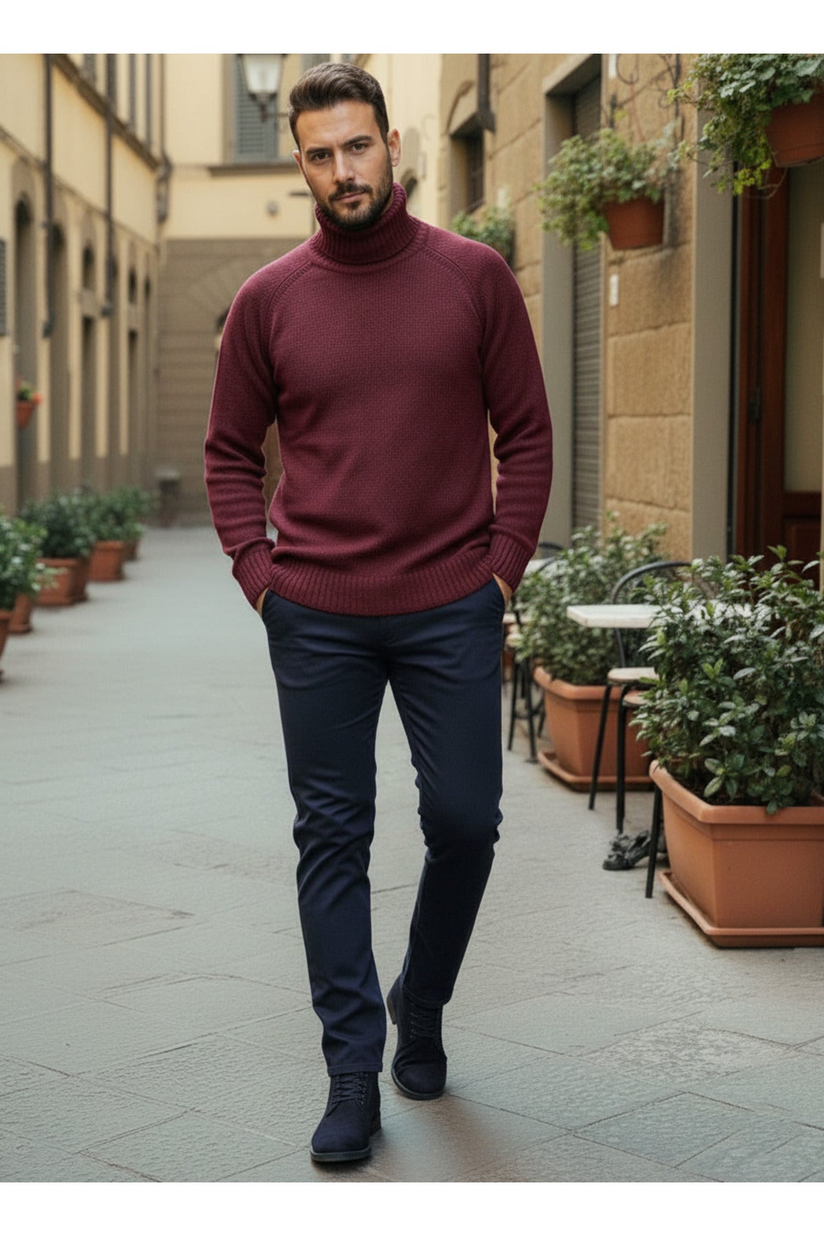 Erkek Bordo Italyan Reglan Kol Detaylı Kalın Balıkçı Yaka Boğazlı Regular %100 Pamuk Triko Kazak