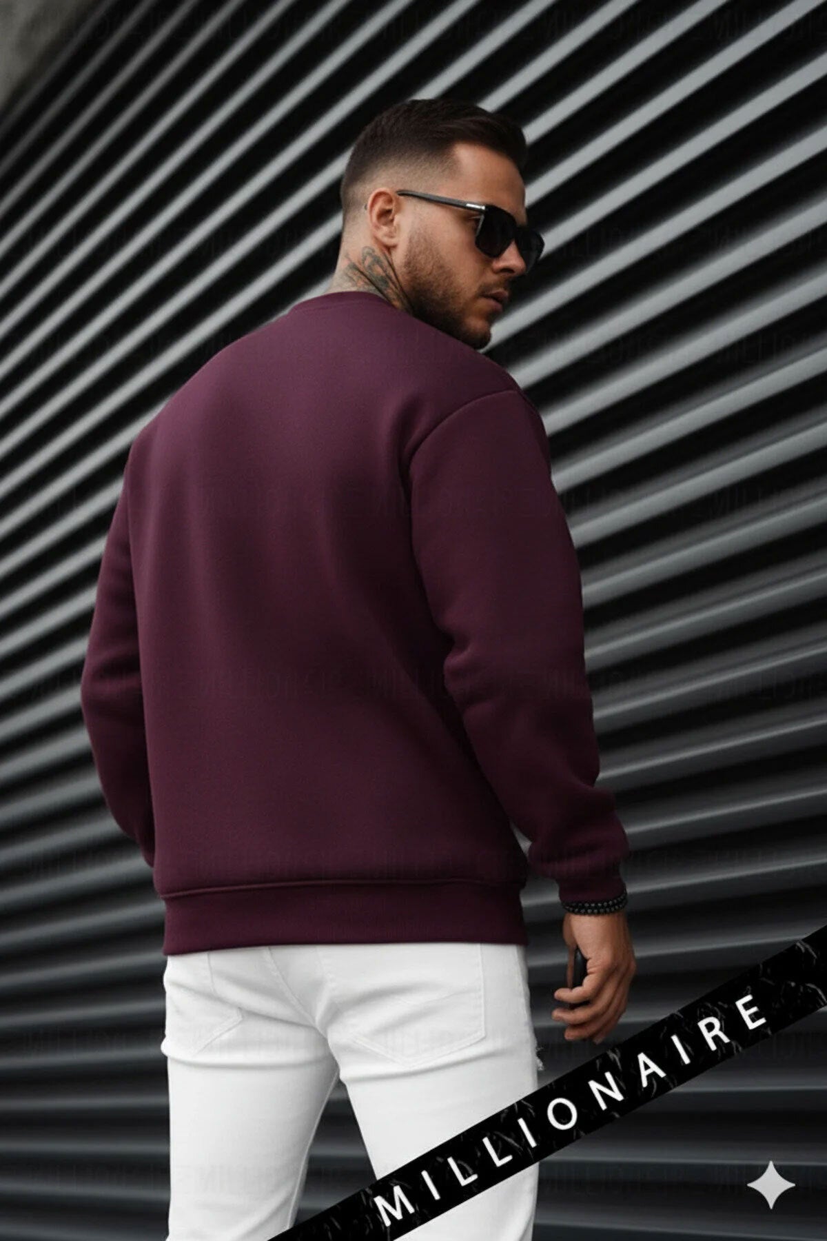 Erkek Vişne Koyu Bordo Geyik Soft 3 İplik içi Şardonlu 0 Sıfır Yaka Oversize Salaş Sweatshirt
