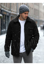 Erkek Siyah Peluş Gömlek Yaka Modeli Düğmeli Ceket Hırka Mont Sweatshirt Polar
