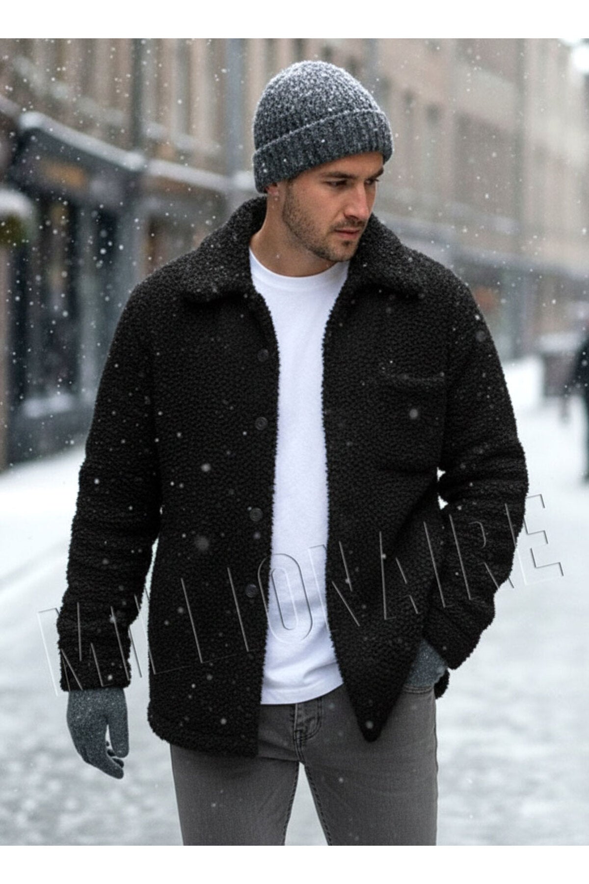 Erkek Siyah Peluş Gömlek Yaka Modeli Düğmeli Ceket Hırka Mont Sweatshirt Polar