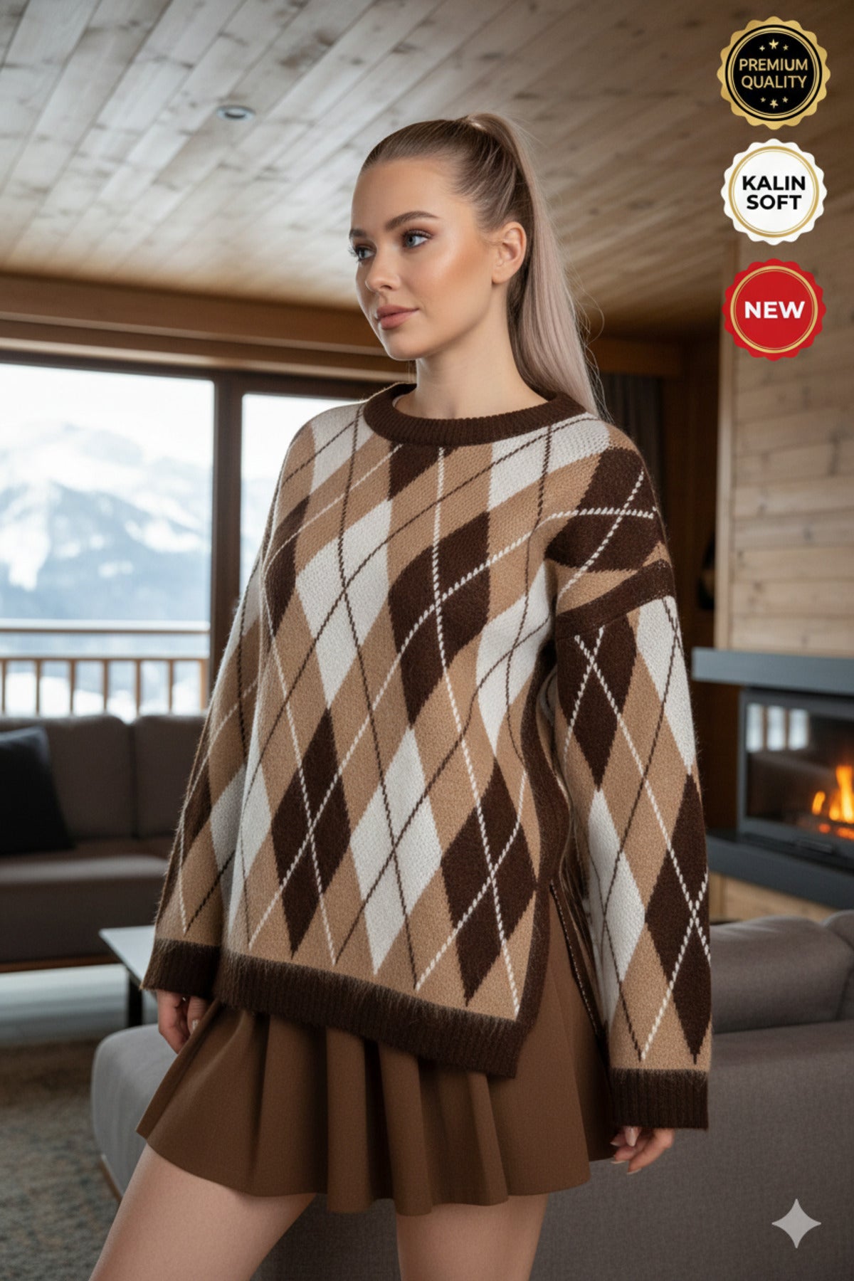 Kadın Camel Kahverengi Beyaz Yırtmaçlı Baklava Desen S-M-L Uyumlu Oversize Uzun Tunik Triko Kazak