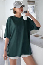 Kadın Petrol Yeşili Basic Düz Baskısız Oversize Salas T-Shirt