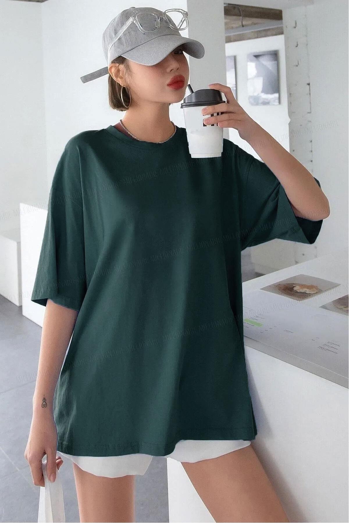 Kadın Petrol Yeşili Basic Düz Baskısız Oversize Salas T-Shirt