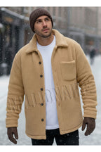 Erkek Camel Peluş Gömlek Yaka Modeli Düğmeli Ceket Hırka Mont Sweatshirt Polar