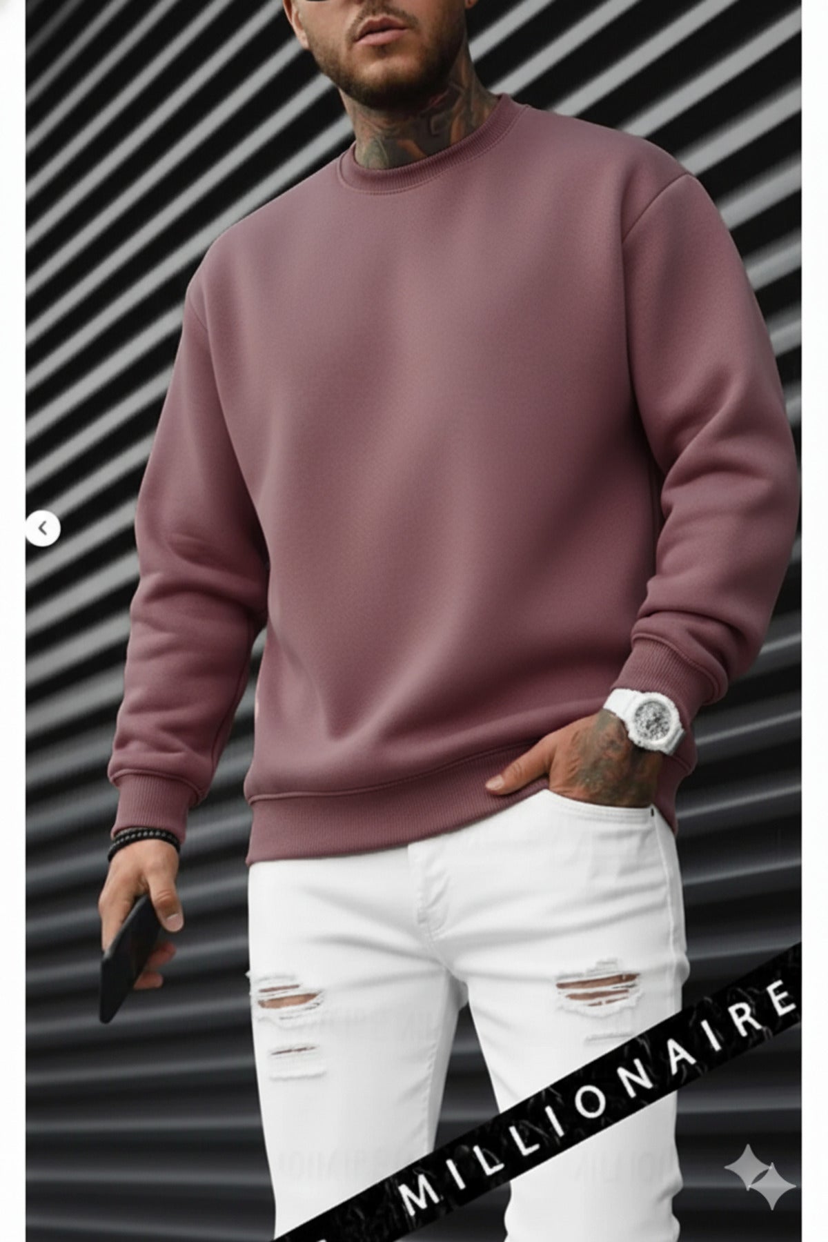 Erkek Gül Kurusu Basic 0 Sıfır Yaka Baskısız Düz Oversize Salaş Bol Kesim Polar Sweatshirt