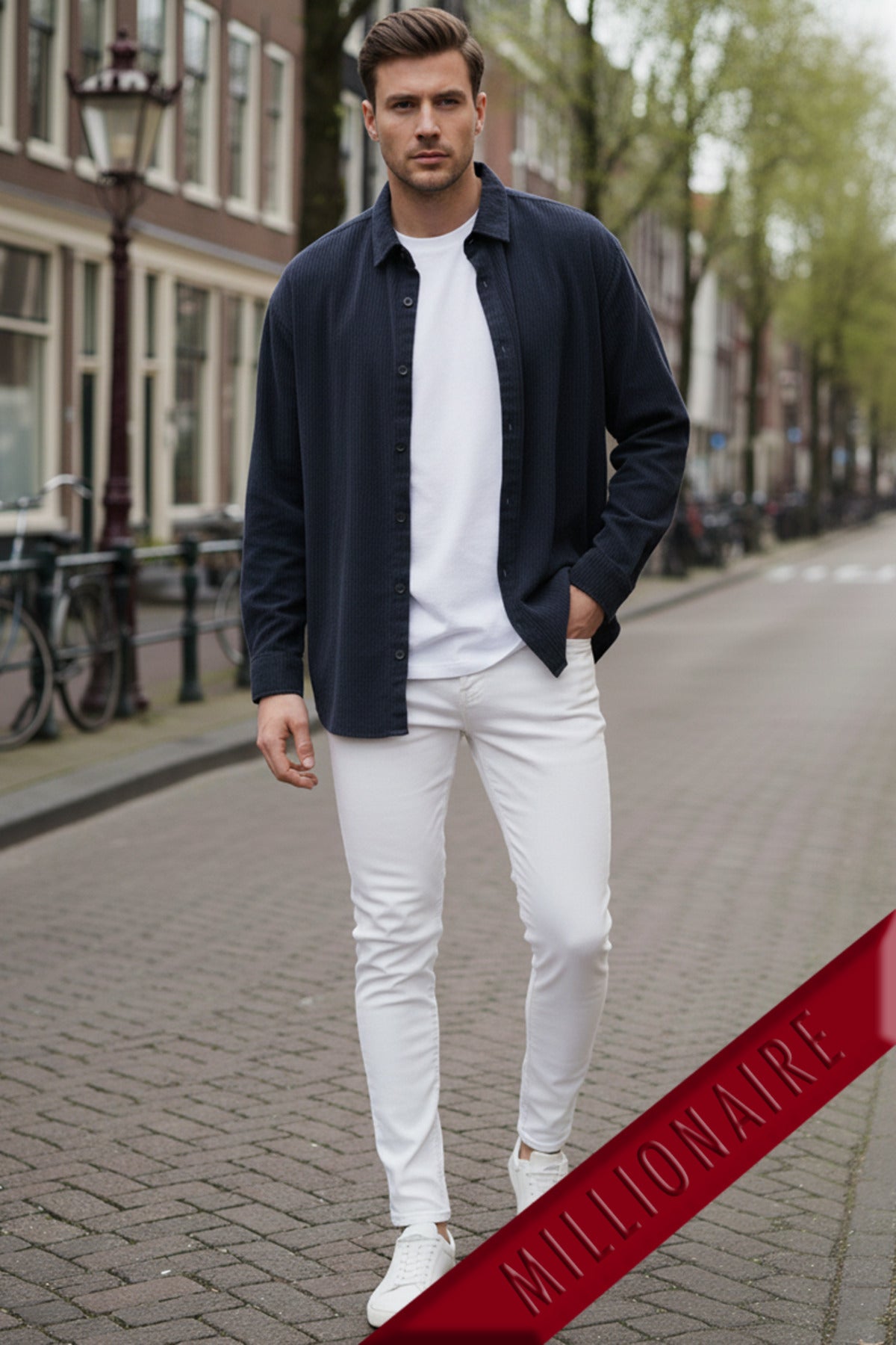 Erkek Lacivert Kadife Fitilli Yumuşak Dokulu Loose Fit Oversize Düşük Omuz Gömlek