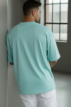 Erkek Turkuaz Basic Düz Baskısız Oversize Salas T-Shirt