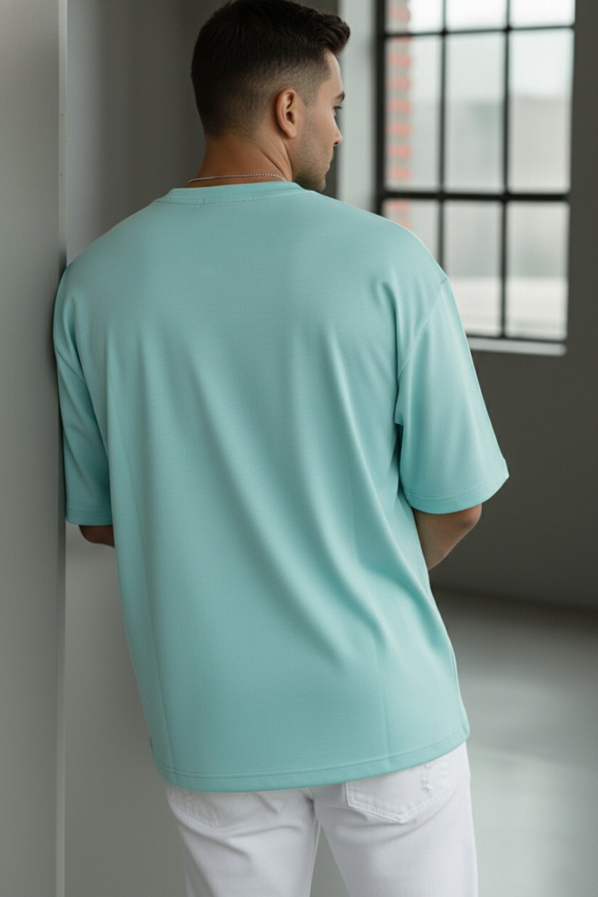 Erkek Turkuaz Basic Düz Baskısız Oversize Salas T-Shirt
