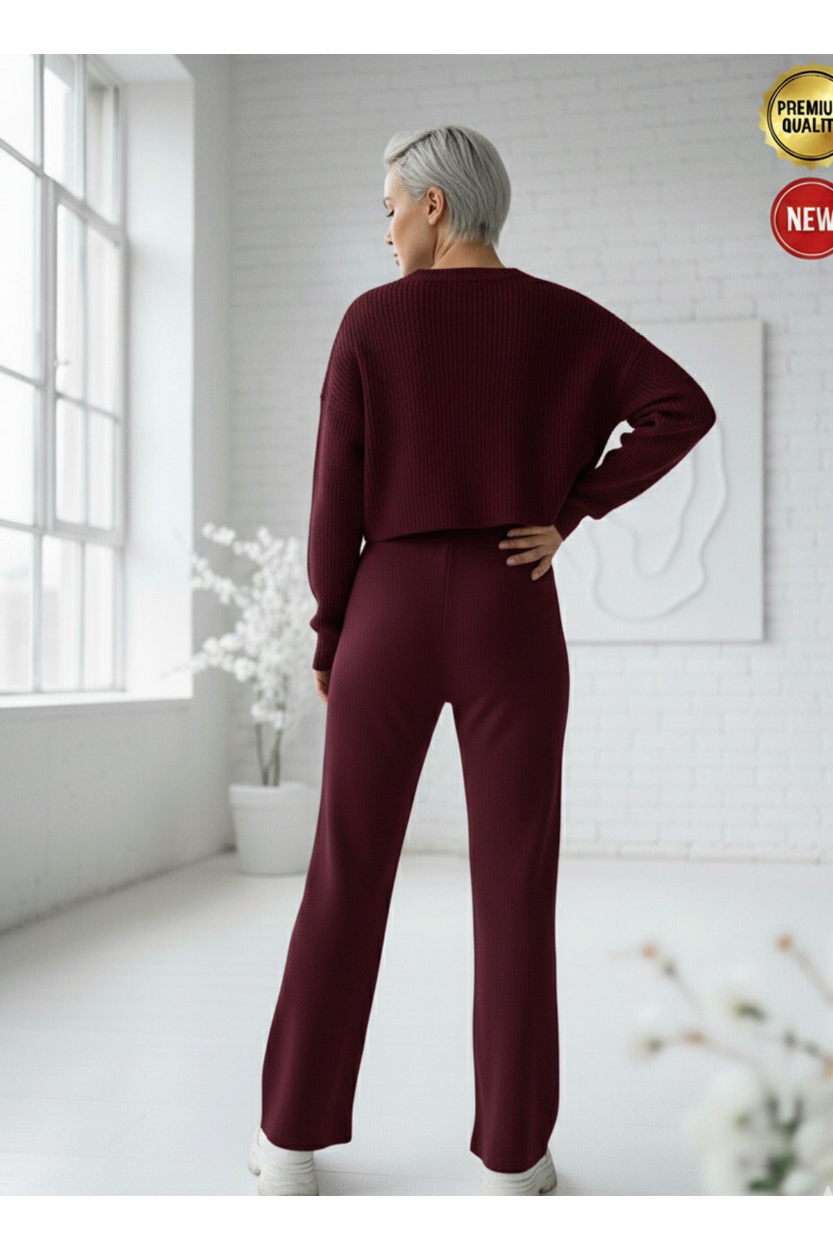 Kadın Bordo Triko Pantolon Tek Alt S-M-L Uyumlu Esnek Tek Beden