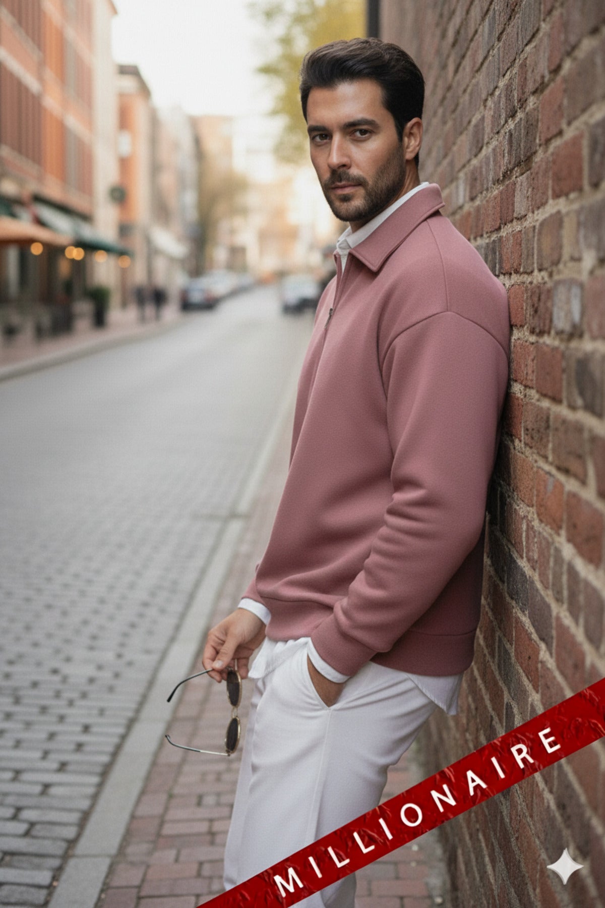 Erkek Gül Kurusu Yarım Fermuar Polo Yaka 3 İplik İçi Polarlı Şardonlu Oversize Sweatshirt