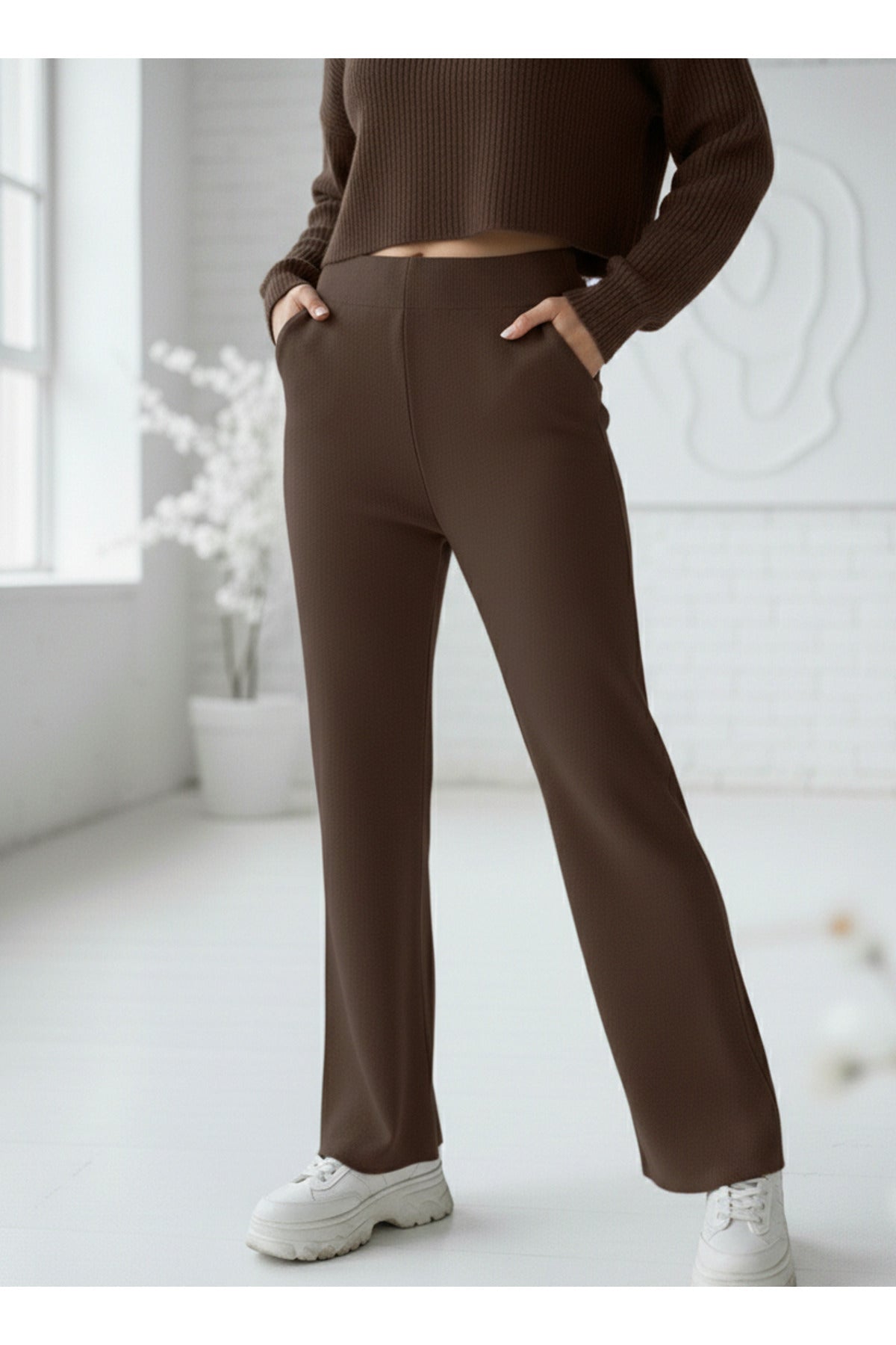 Kadın Kahverengi Triko Pantolon Tek Alt S-M-L Uyumlu Esnek Tek Beden