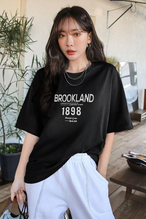 1898 Baskılı Siyah Oversize Salas Boyfriend Kadın T-Shirt