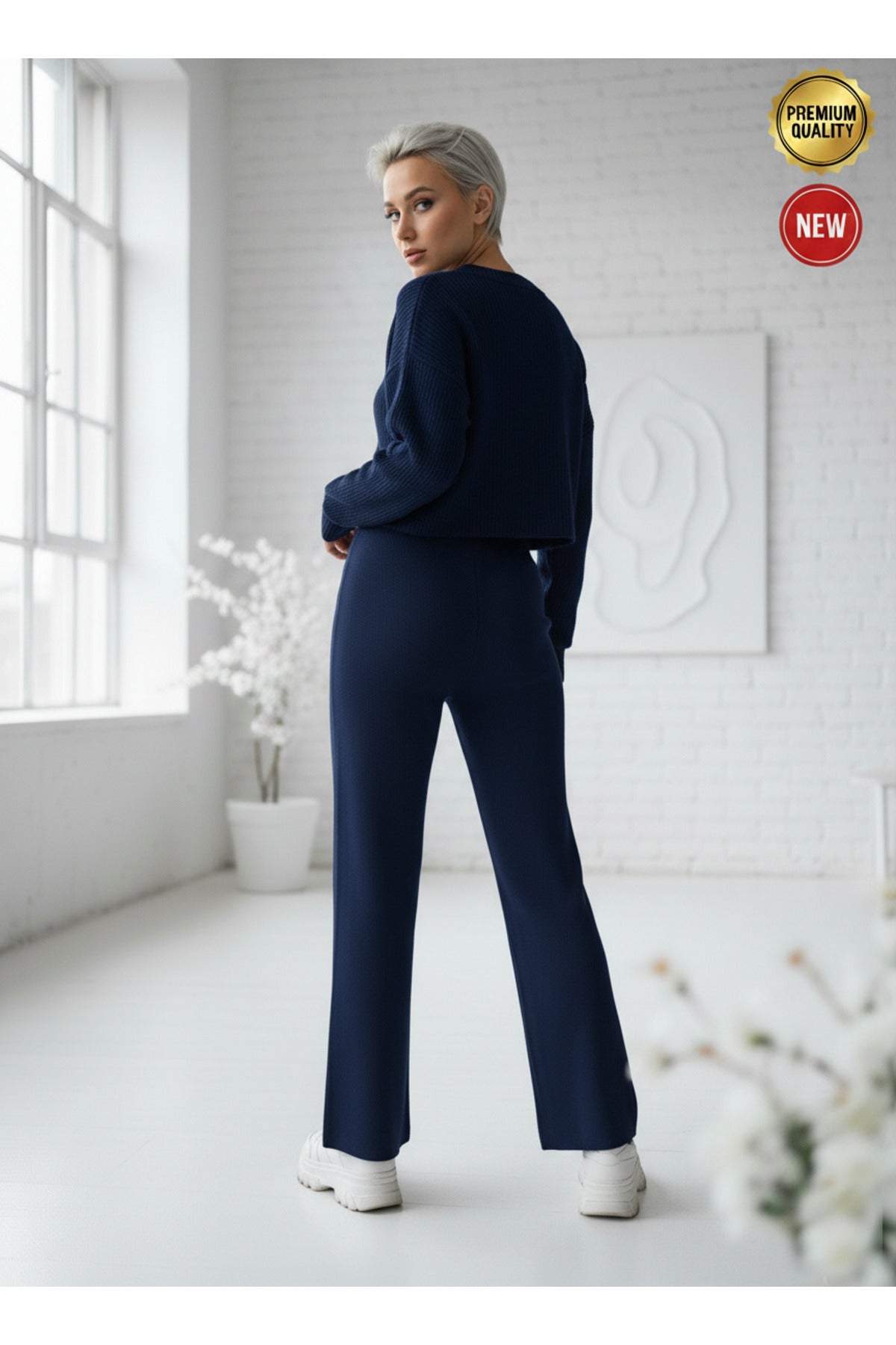 Kadın Lacivert Triko Pantolon Tek Alt S-M-L Uyumlu Esnek Tek Beden
