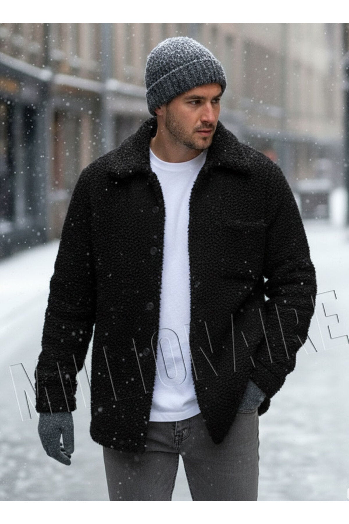Erkek Siyah Peluş Gömlek Yaka Modeli Düğmeli Ceket Hırka Mont Sweatshirt Polar