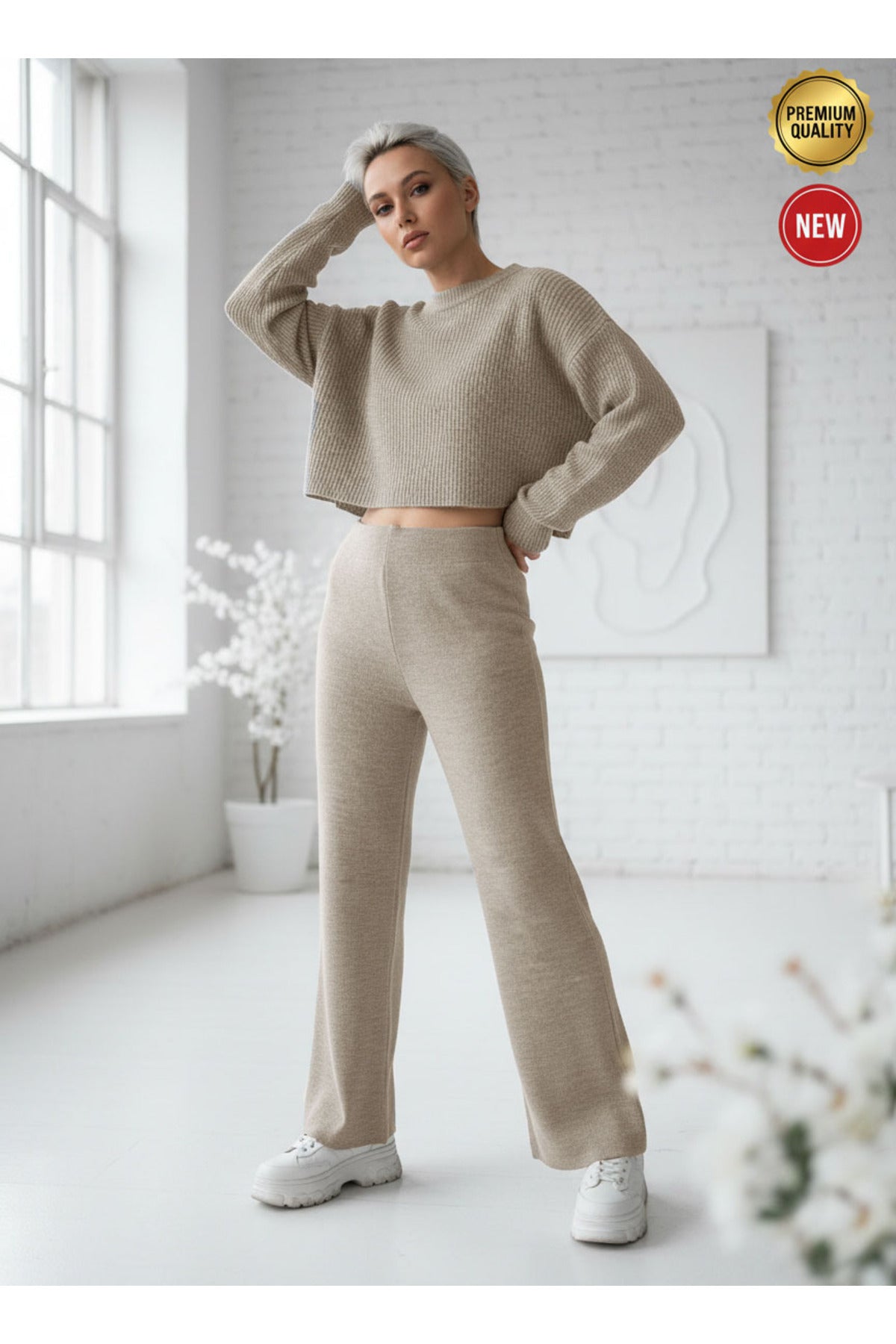 Kadın Bej Triko Pantolon Tek Alt S-M-L Uyumlu Esnek Tek Beden