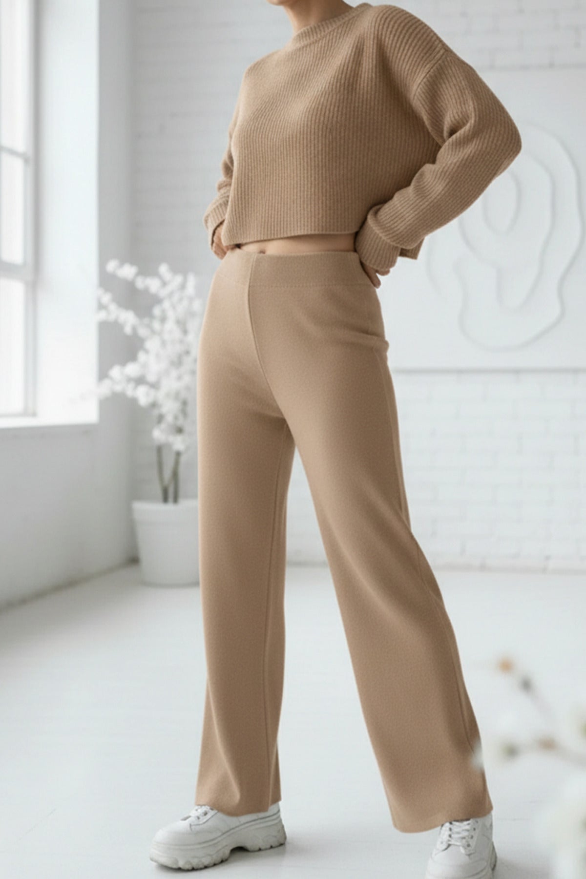 Kadın Camel Sütlü Kahve Triko Pantolon Tek Alt S-M-L Uyumlu Esnek Tek Beden