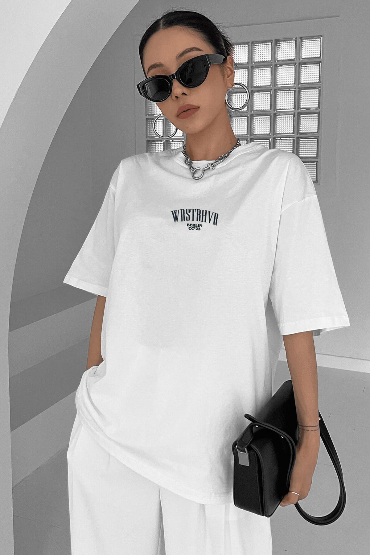 Dont Announce Beyaz Oversize Salas Boyfriend Kadın T-Shirt