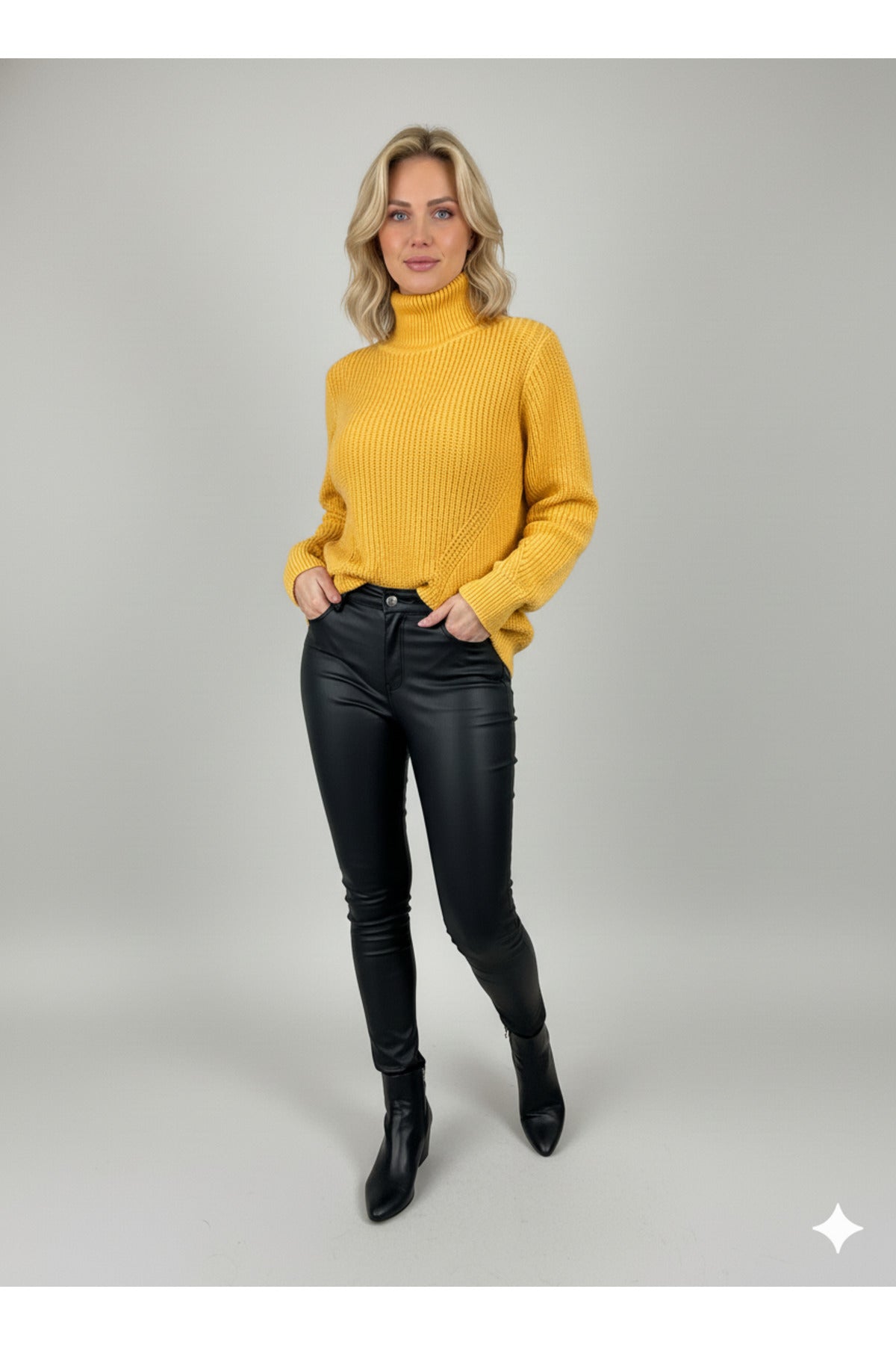 Kadın Limon Sarı Kalın Örgü Balıkçı Boğazlı Yaka Triko Kazak