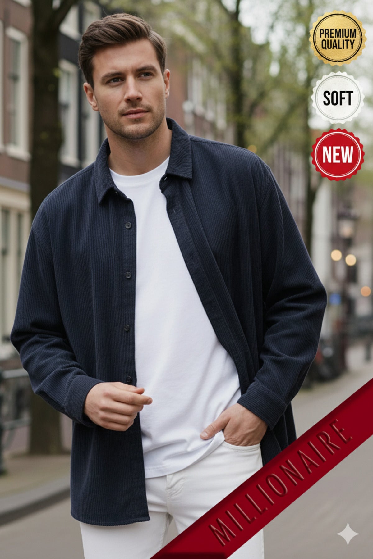 Erkek Lacivert Kadife Fitilli Yumuşak Dokulu Loose Fit Oversize Düşük Omuz Gömlek